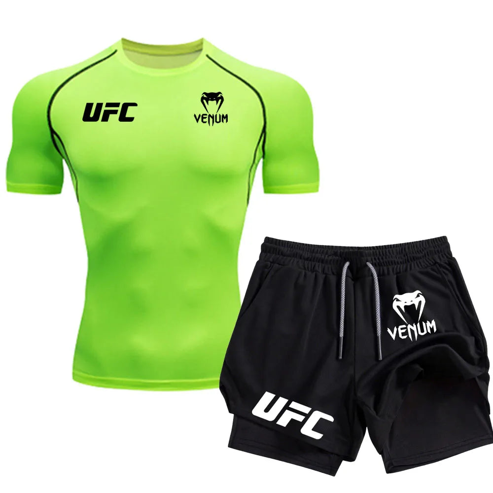 Logo Men'S Tight Fitting T-Shirt Shorts Summer Casual Sports Fighting Fashion Fitness Top Pants Two-Piece Set