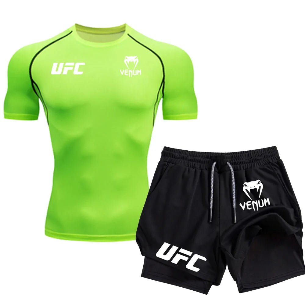 Logo Men'S Tight Fitting T-Shirt Shorts Summer Casual Sports Fighting Fashion Fitness Top Pants Two-Piece Set