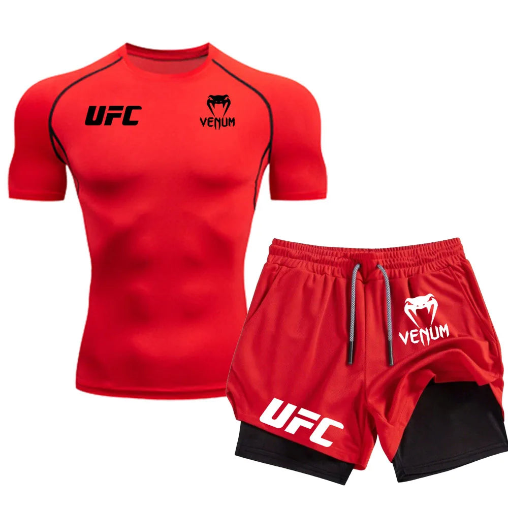 Logo Men'S Tight Fitting T-Shirt Shorts Summer Casual Sports Fighting Fashion Fitness Top Pants Two-Piece Set