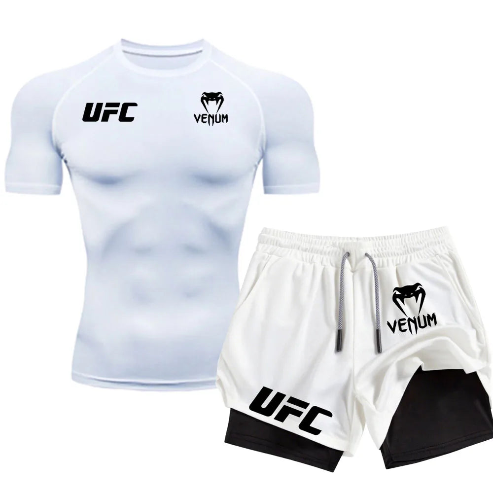 Logo Men'S Tight Fitting T-Shirt Shorts Summer Casual Sports Fighting Fashion Fitness Top Pants Two-Piece Set