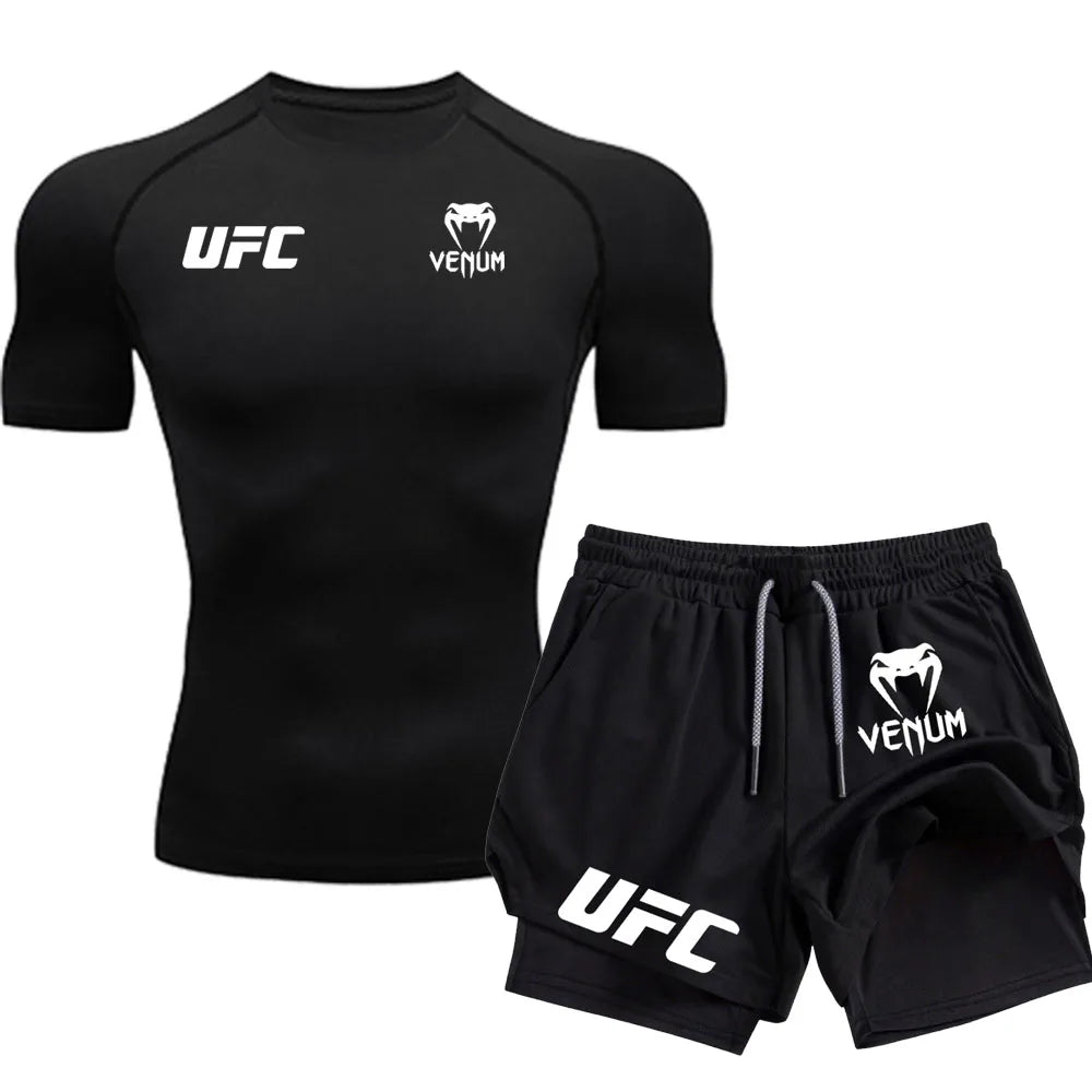 Logo Men'S Tight Fitting T-Shirt Shorts Summer Casual Sports Fighting Fashion Fitness Top Pants Two-Piece Set